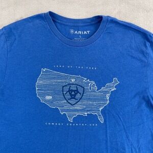 ARIAT Land of The Free T Shirt Men Large Blue Cowboy Country Logo Short Sleeve